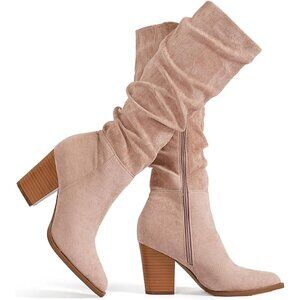 Women's Rosy Brown Pointed Toe Faux Suede Slouch Chunky Heel Knee High Boots